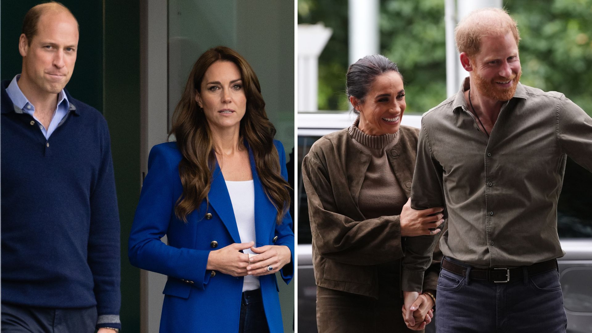 A comp image showing Prince William and Kate Middleton (L) and Meghan Markle and Prince Harry (R)