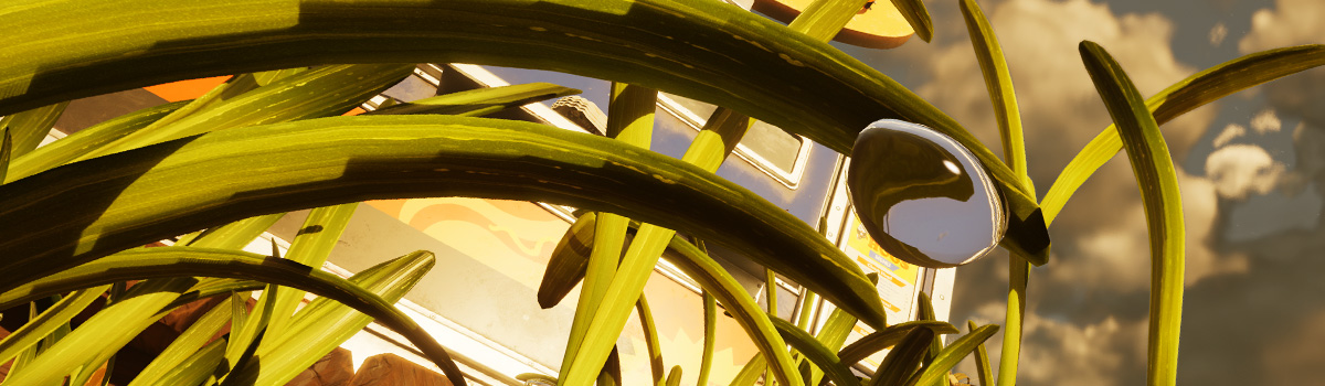 A bead of water balancing on the tip of a grass blade in Grounded 2.