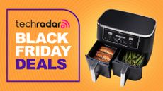 Ninja air fryer on orange background with text reading "TechRadar Black Friday Deals"