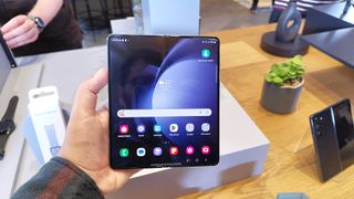 Samsung Galaxy Z Fold 5 being held in the full unfolded mode
