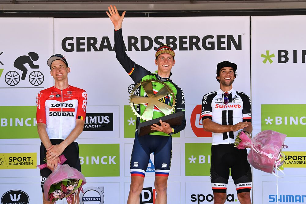 2018 BinckBank Tour final overall podium: 1st Matej Mohoric (Bahrain-Merida), 2nd Michael Matthews (Sunweb), 3rd Tim Wellens (Lotto Soudal
