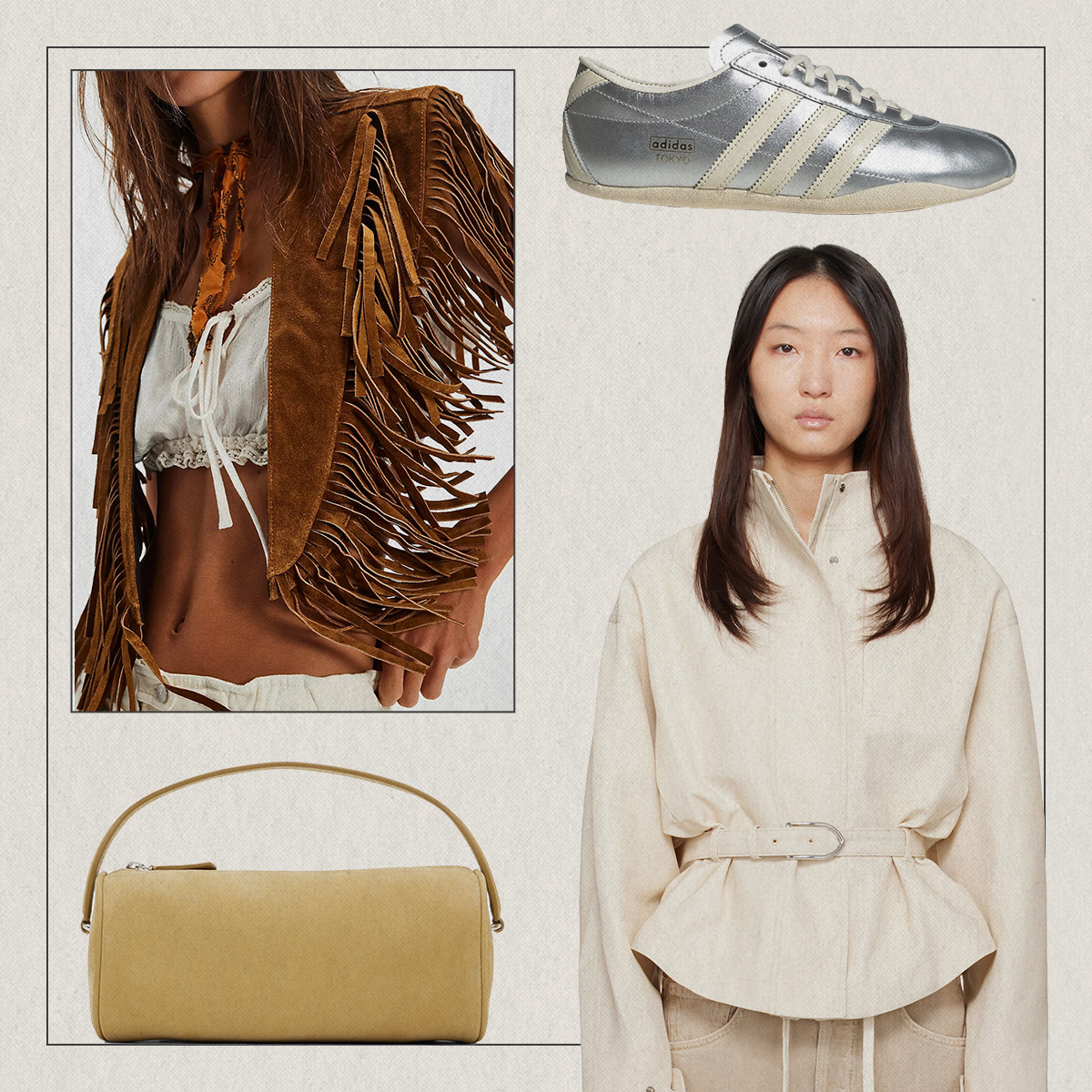 Collage of suede skirt, fringe jacket, beige bag, metallic adidas sneakers, white zip up jacket, and cuffed jeans
