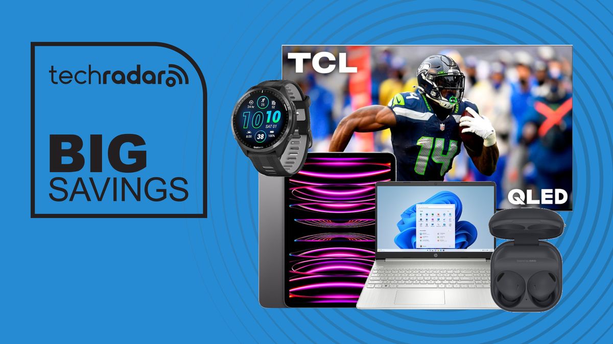 TCL TV, iPad Pro, Garmin smartwatch, HP laptop and Galaxy Buds on a blue background