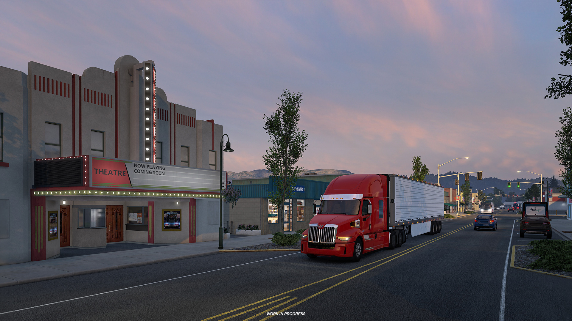 A work-in-progress screenshot from American Truck Simulator showcasing the new British Columbia DLC with a red truck driving in fading light.