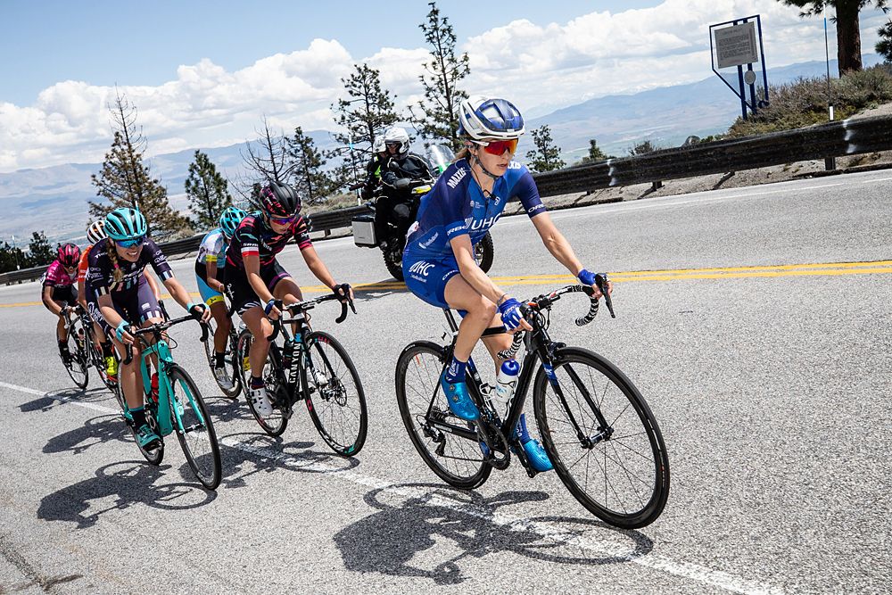 Katharine Hall of The United States and UnitedHealthcare Pro Cycling Team leads on the final big climb during stage 2 of the Amgen Tour of California Women's Race