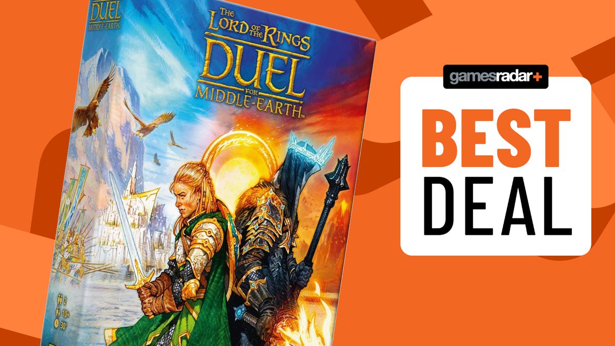 Duel for Middle-earth box beside a &#039;best deal&#039; badge, against an orange background