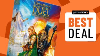 Duel for Middle-earth box beside a 'best deal' badge, against an orange background