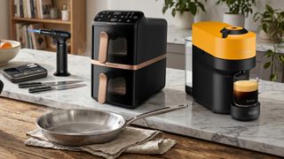 cookware and small appliances on a kitchen counter