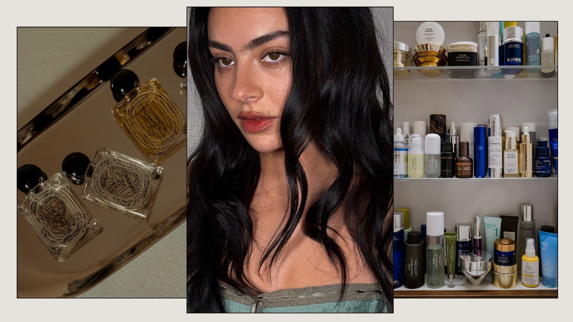 A collage of Diptyque perfumes, a photo of Charlixcx and a skincare shelf