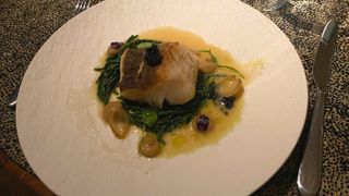Atlantic cod with sea herbs, onion purée, pickled onions, crispy potato and champagne sauce
