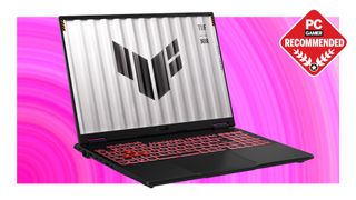 An Asus TUF Gaming A16 gaming laptop on a pink deals background