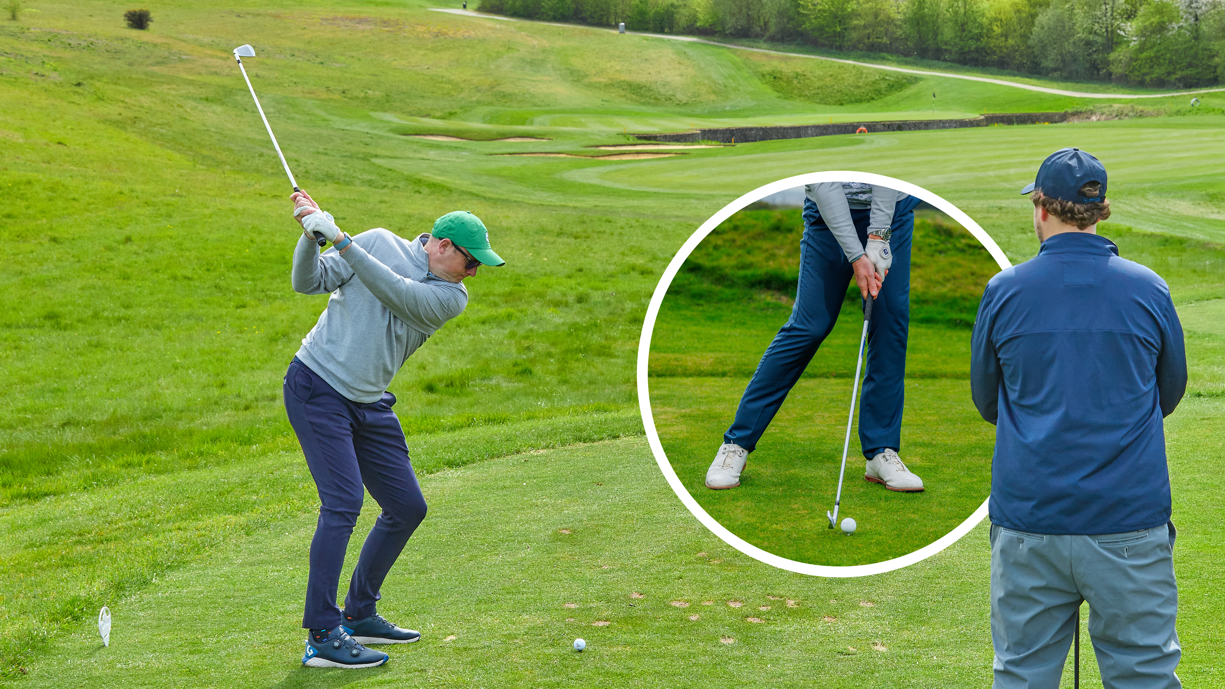 A golfer hitting a long iron off the tee with an inset image of the correct setup and impact position for a good strike with 5-iron