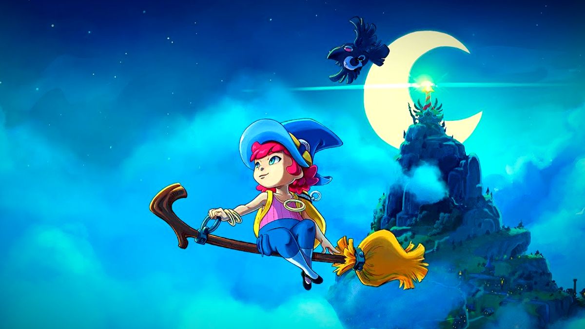 Mika and The Witch&#039;s Mountain trailer screenshot showing a young girl with bright pinkish-red hair and a blue witch hat atop a wooden broom in the night sky