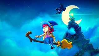 Mika and The Witch's Mountain trailer screenshot showing a young girl with bright pinkish-red hair and a blue witch hat atop a wooden broom in the night sky