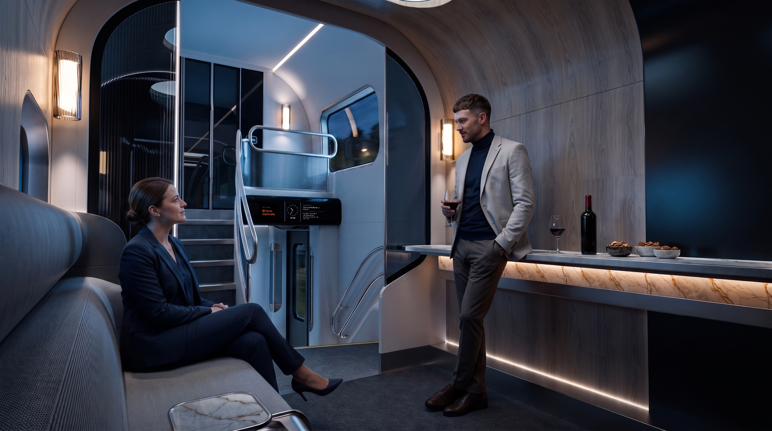 Nighttime view of the onboard lounge