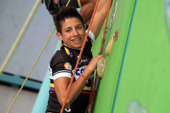 Johan Esteban Chaves on the climbing wall