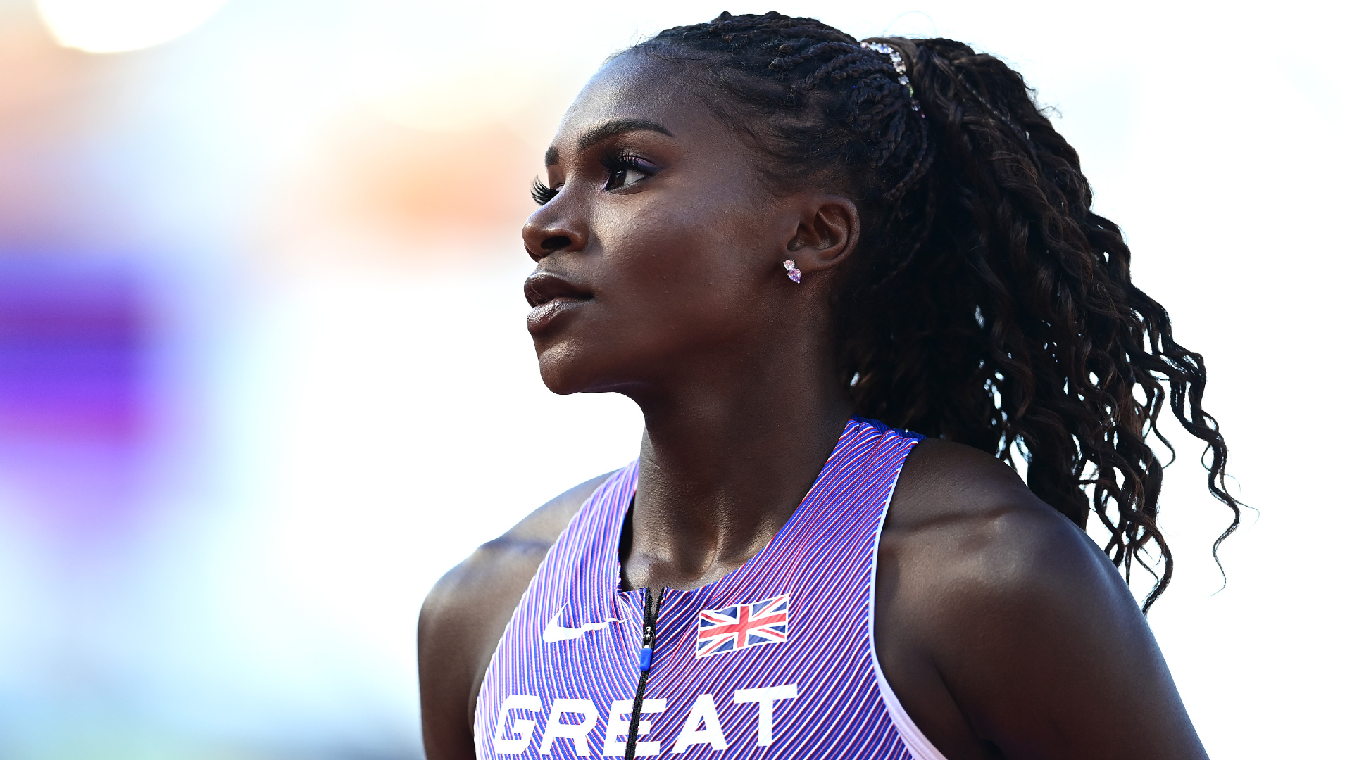 Profile shot of Dina Asher-Smith at the 2022 World Athletics Championships.