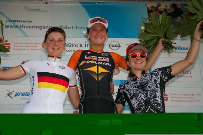 The podium with Elizabeth Armitstead (middle), Lisa Brennauer (left) and Evelyn Stevens (right)