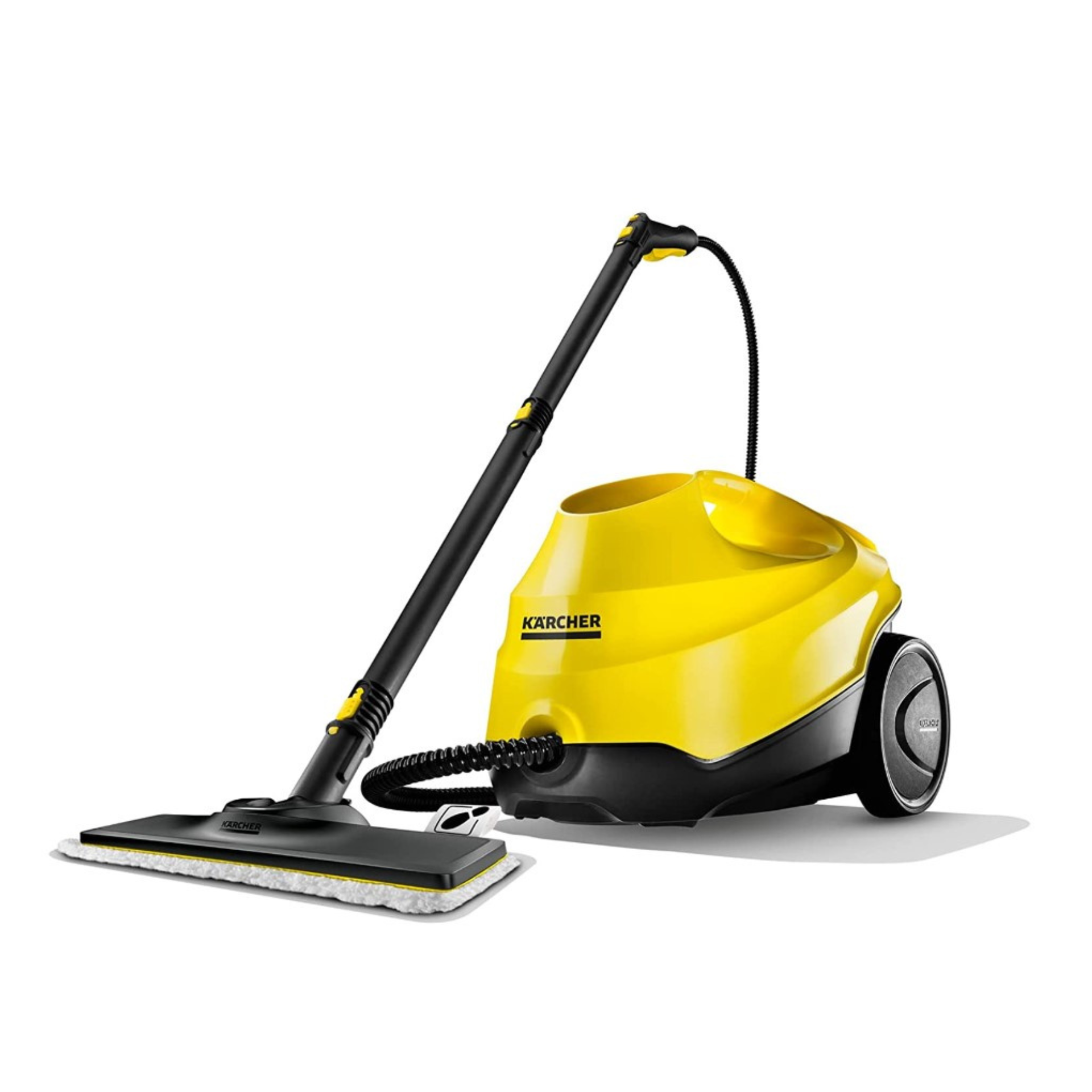 A yellow steam cleaner with a hose.