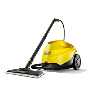 A yellow steam cleaner with a hose