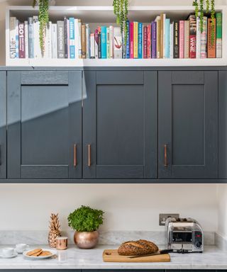 Book storage above cabinets in kitchen displaying multi-colored hardbacks.