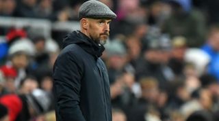 Manchester United's Dutch manager Erik ten Hag looks on during the English Premier League football match between Newcastle United and Manchester United at St James' Park in Newcastle-upon-Tyne, north east England on December 2, 2023. (Photo by ANDY BUCHANAN / AFP) / RESTRICTED TO EDITORIAL USE. No use with unauthorized audio, video, data, fixture lists, club/league logos or 'live' services. Online in-match use limited to 120 images. An additional 40 images may be used in extra time. No video emulation. Social media in-match use limited to 120 images. An additional 40 images may be used in extra time. No use in betting publications, games or single club/league/player publications. / (Photo by ANDY BUCHANAN/AFP via Getty Images)