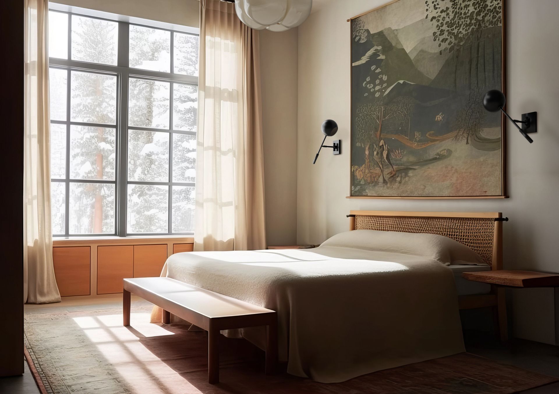 Ένα υπνοδωμάτιο με ταπετσαρία πάνω από το κεφαλάρι