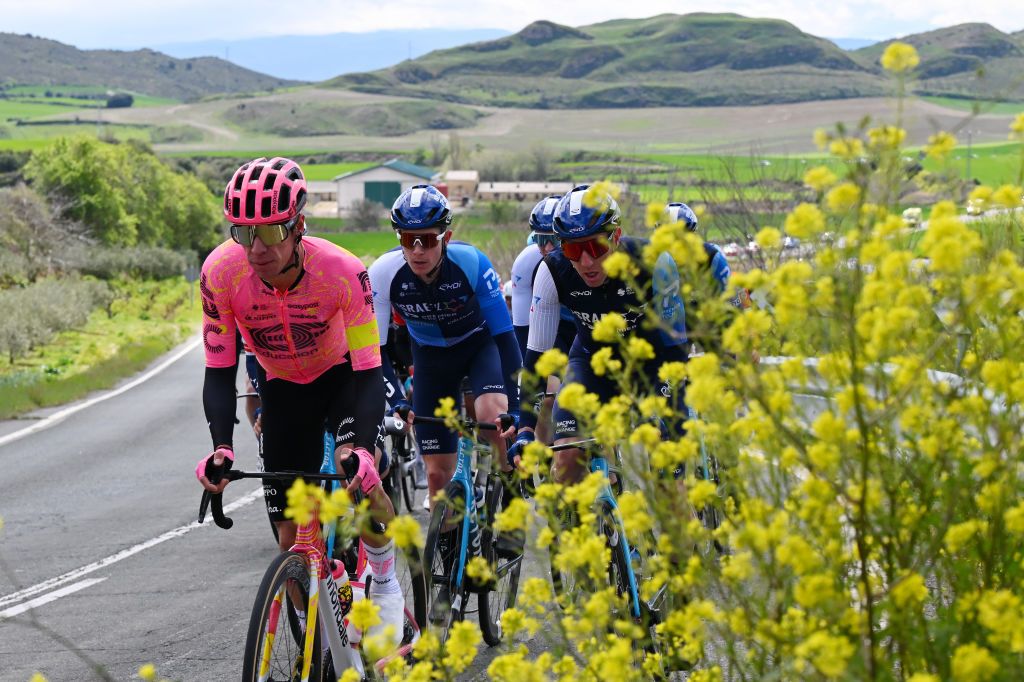 ESTELLALIZARRA SPAIN MARCH 30 LR Rigoberto Uran of Colombia and Team EF Education EasyPost Nick Schultz of Australia and Michael Woods of Canada and Team Israel Premier Tech compete during the 33rd Gran Premio Miguel Indurain 2024 a 1981km one day race from EstellaLizarra to EstellaLizarra on March 30 2024 in EstellaLizarra Spain Photo by Tim de WaeleGetty Images