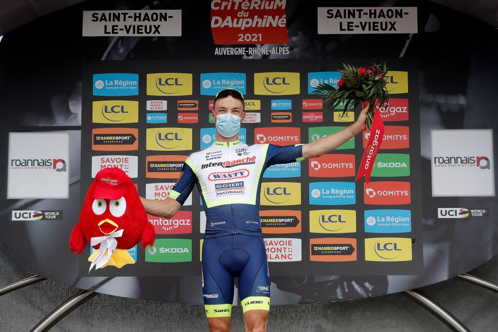 SAINT HAON LE VIEUXON FRANCE JUNE 01 Loc Vliegen of Belgium and Team Intermarch Wanty Gobert Matriaux Most Combative Rider celebrates at podium during the 73rd Critrium du Dauphin 2021 Stage 3 a 1722km stage from Langeac to Saint Haon Le Vieuxon UCIworldtour Dauphin dauphine June 01 2021 in Saint Haon Le Vieuxon France Photo by Bas CzerwinskiGetty Images