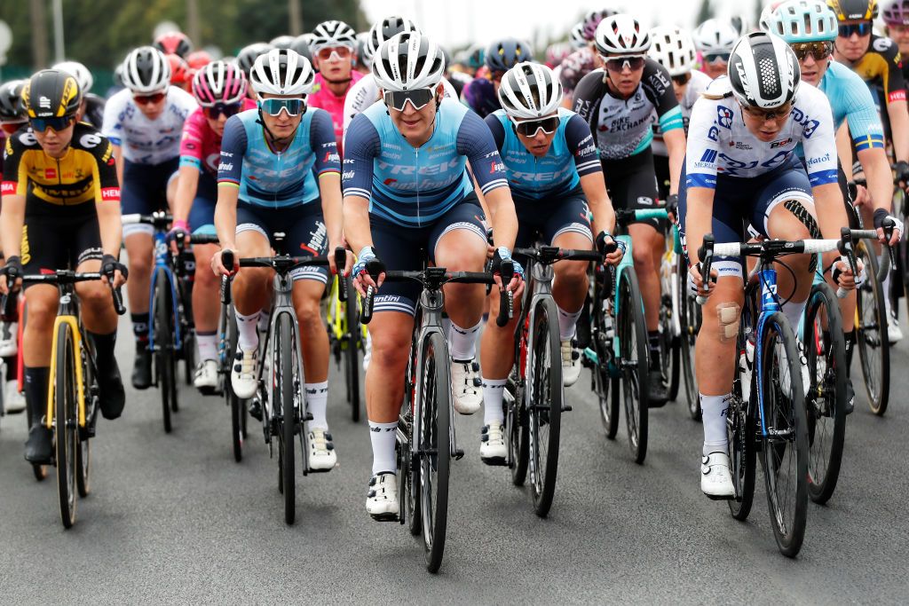 ROUBAIX FRANCE OCTOBER 02 LR Lauretta Hanson of Australia and Team Trek Segafredo Trixi Worrack of Germany and Team Trek Segafredo and Malle Grossetete of France and Team FDJ Nouvelle Aquitaine Futuroscope compete during the 1st ParisRoubaix 2021 Womens Elite a 1164km race from Denain to Roubaix ParisRoubaixFemmes ParisRoubaix on October 02 2021 in Roubaix France Photo by Bas CzerwinskiGetty Images