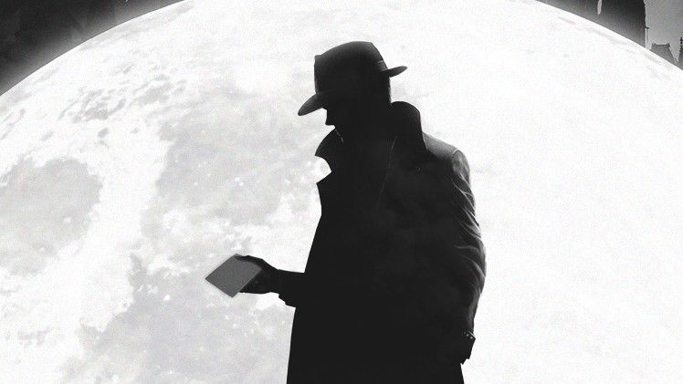 A noir detective silhouetted against the moon behind him in Obsidian Moon.