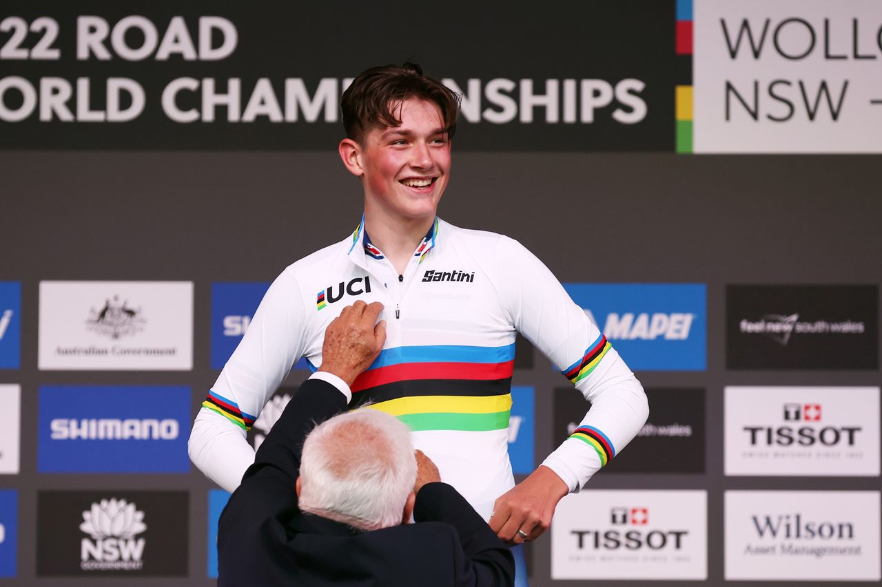 Josh Tarling on podium in Wollongong, Australia, at world championships 2022