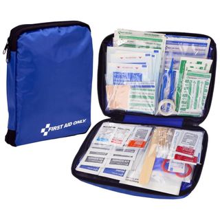 A blue first aid kit filled with products