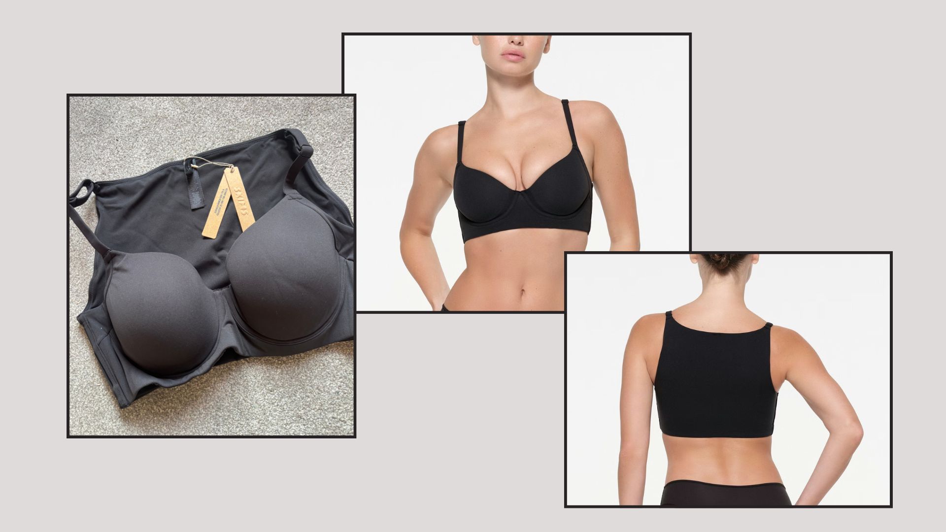 A FLAT LAY AND TWO MODELS SHOTS WEARING THE SKIMS BRA
