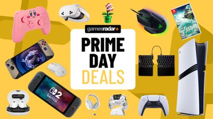 Gaming consoles and accessories on a yellow background with Prime Day deals badge
