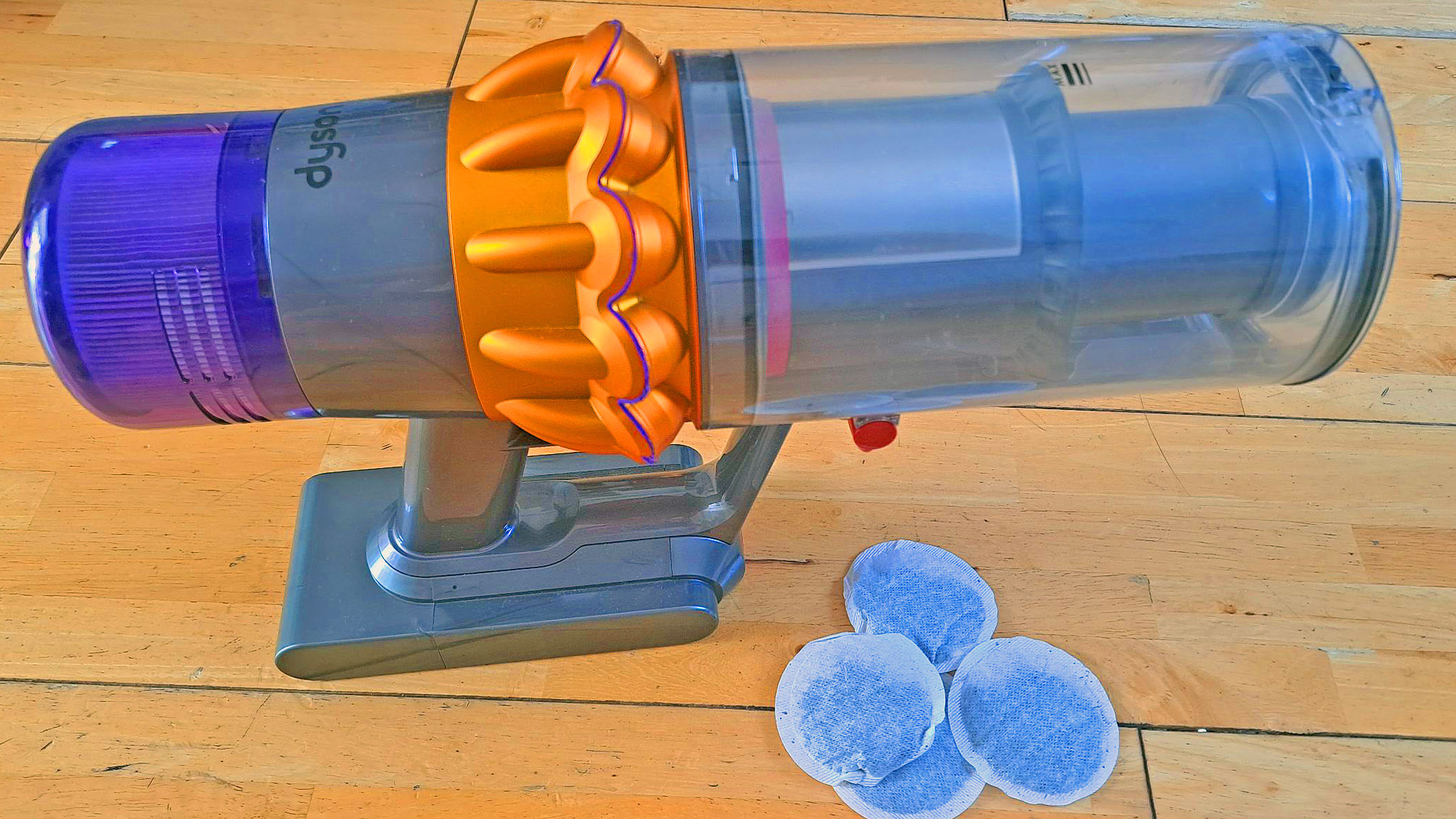Dyson vacuum next to tea bags