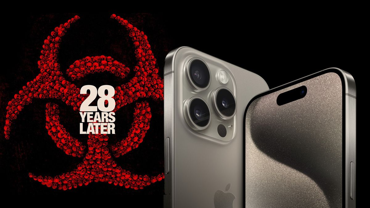 28 Years Later logo next to front and back product shot of iPhone 15 Pro Max on a black background 