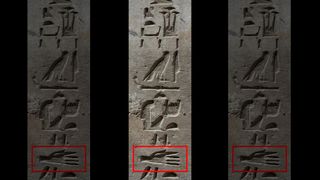 Here we see a vertical line of hieroglyphs carved into stone. A hand is highlighted in a red box at the bottom.