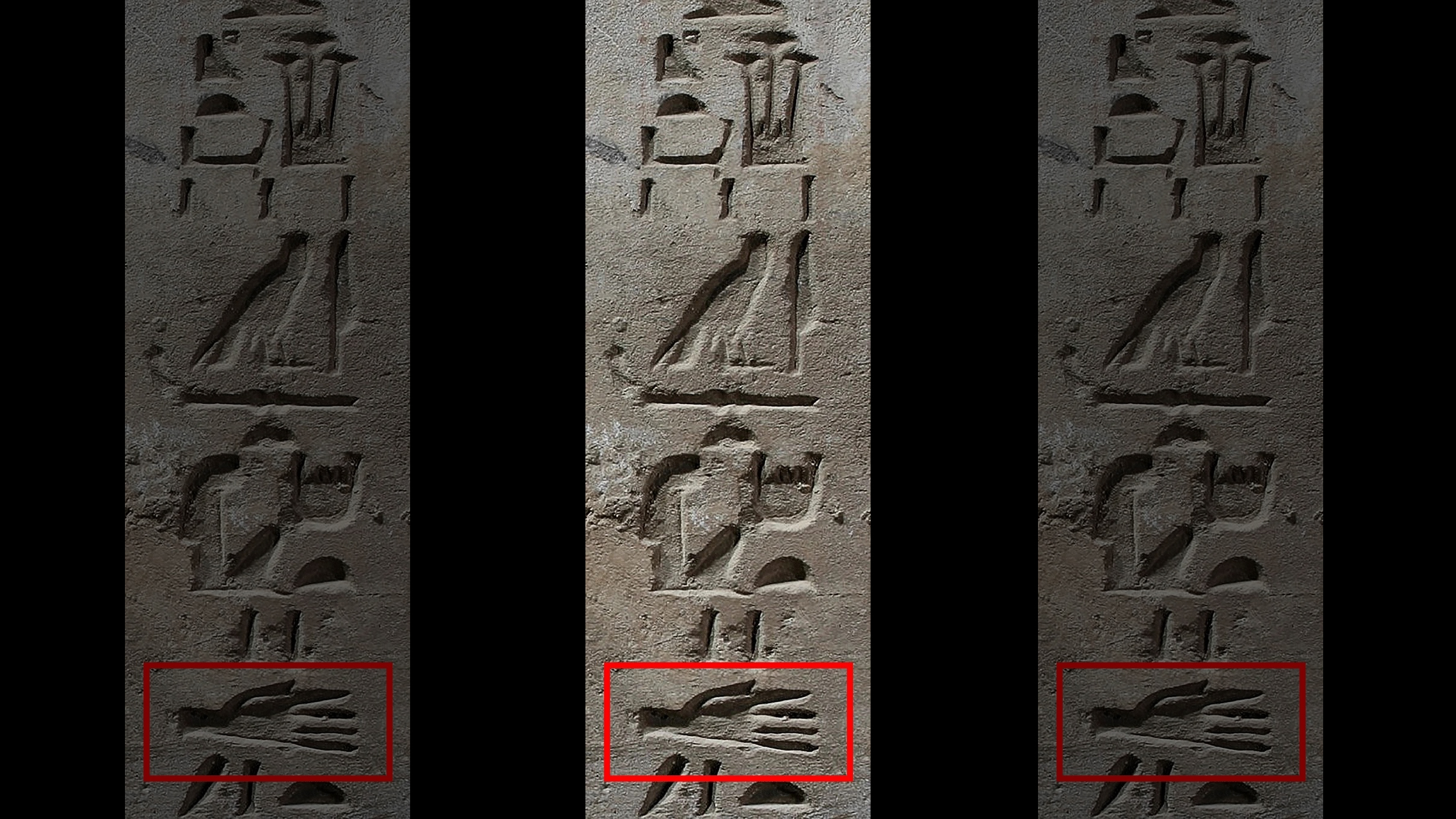 Hier sehen wir eine vertikale Linie von in Stein gemeißelten Hieroglyphen.  Eine Hand ist unten in einem roten Kästchen hervorgehoben.