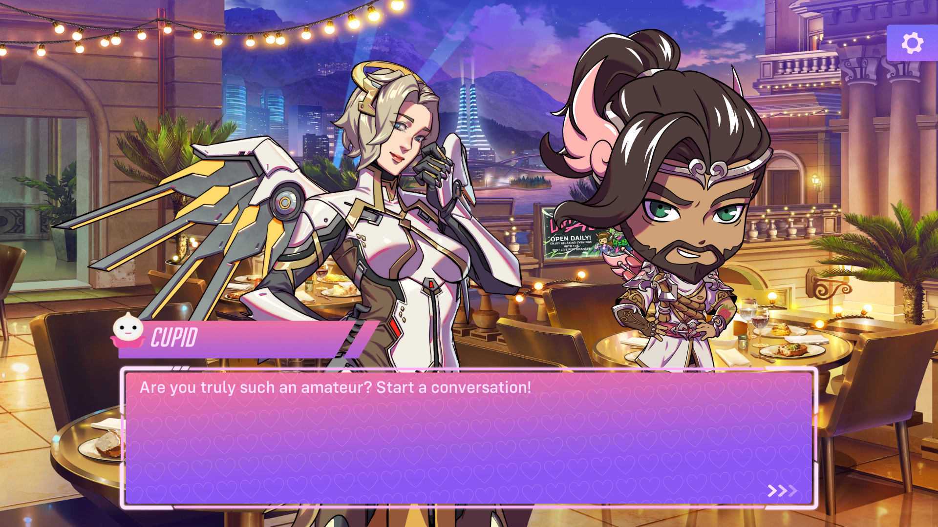 Overwatch dating sim - Mercy and Cupid dialogue on a date