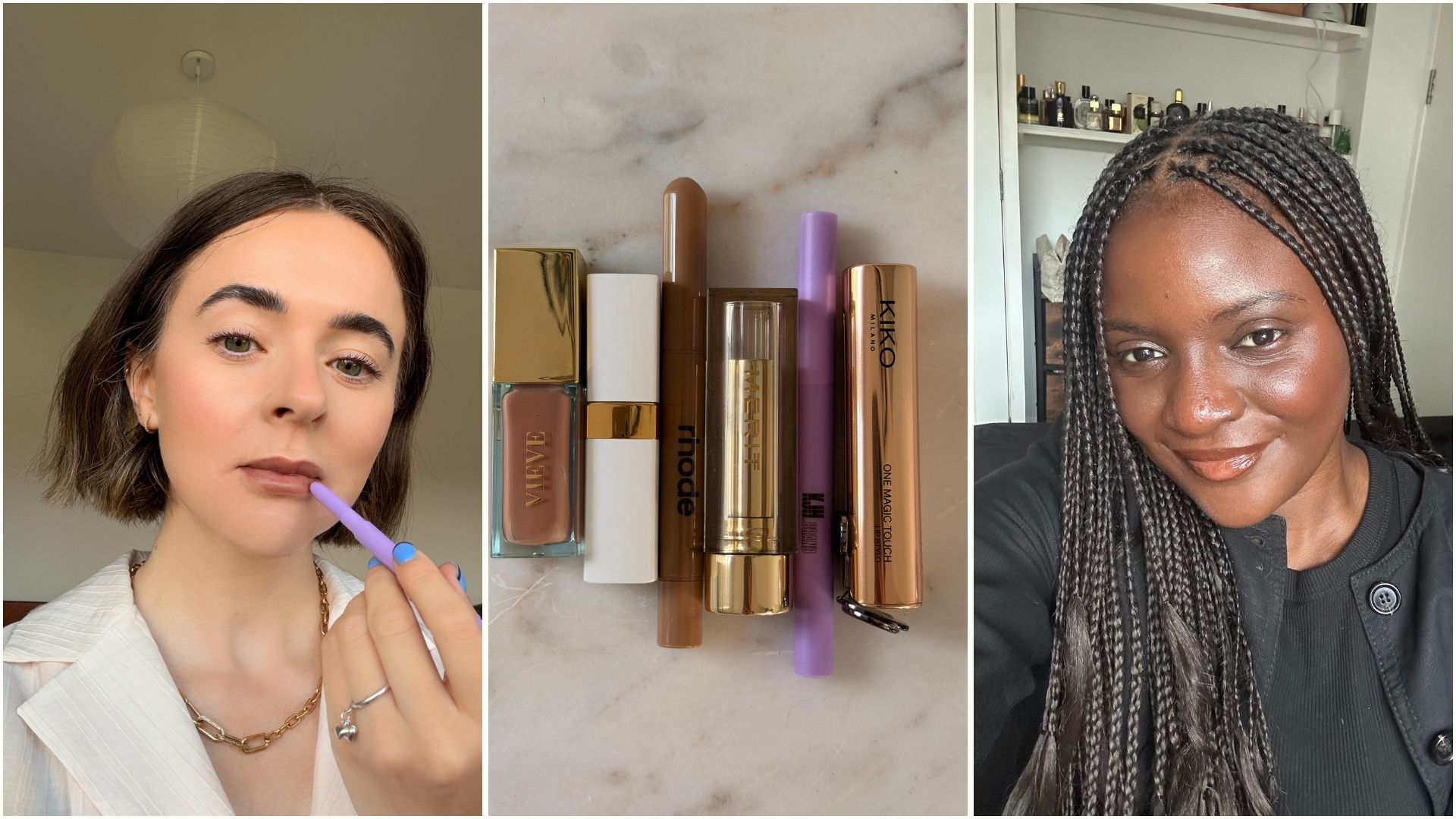 A collage with the best brown lipsticks and WWW editors trying on some of the best brown lipsticks