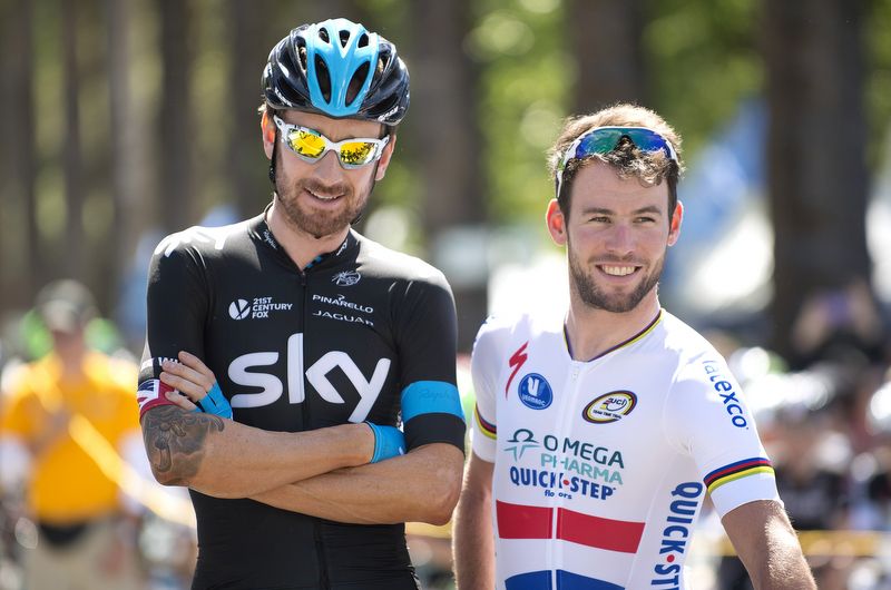 Friends and former teammates Bradley Wiggins and Mark Cavendish at the 2014 Tour of California