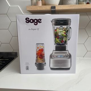 Sage Super Q blender box on white marble kitchen counter