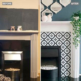 renovation of fireplace with spray paints and tiles