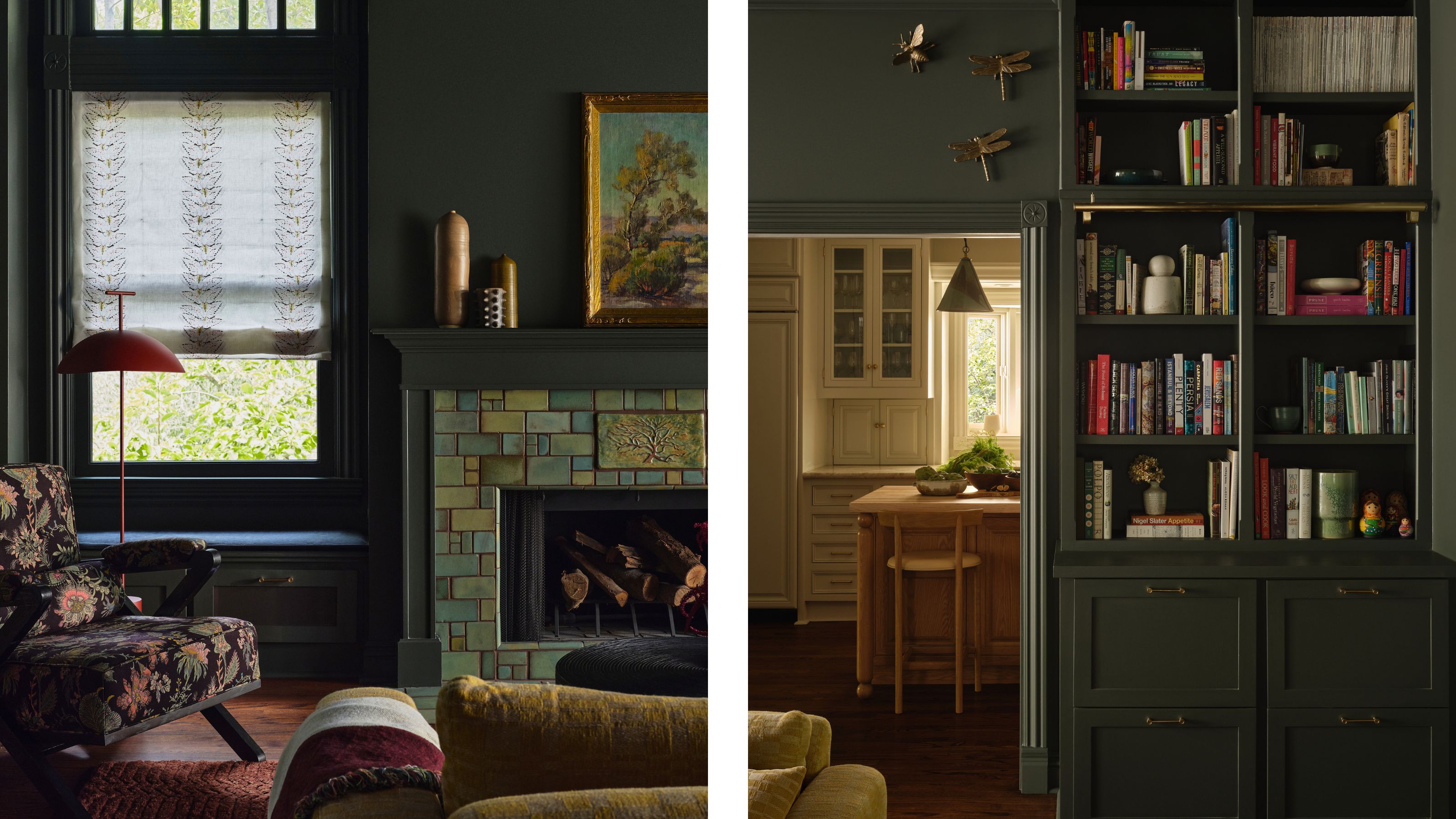 two side by side images of a deep green painted family room with library bookcases and a tiled green fireplace