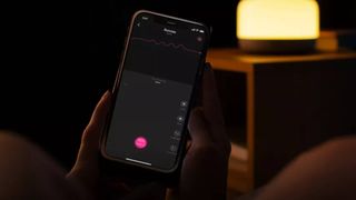 The Lovense remote-control app is seen on a phone screen in a darkened room.