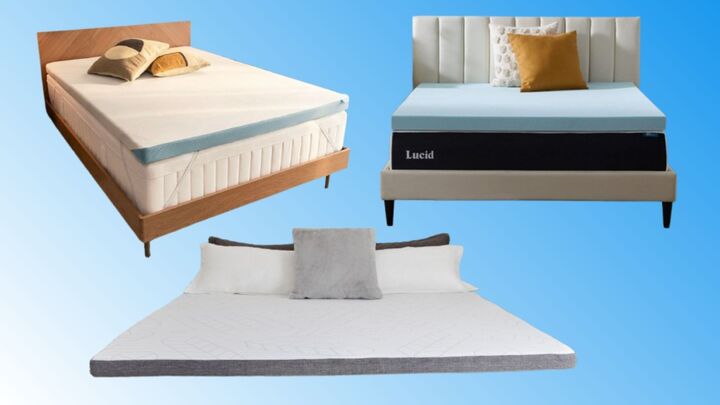 Cut-out photos of the Tempur-Adapt + Cooling Topper, the Sleepyhead Cooling Copper Topper, and the Lucid Gel Memory Foam Mattress Topper on a blue-and-white gradient background. 