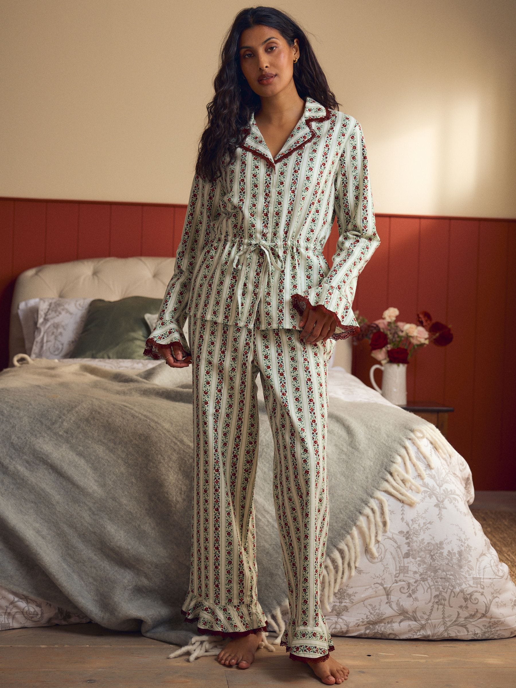 Laura Ashley Burgundy/green Festive Christmas Kelbrook Stripe Button Through Pyjamas With Lace Edge