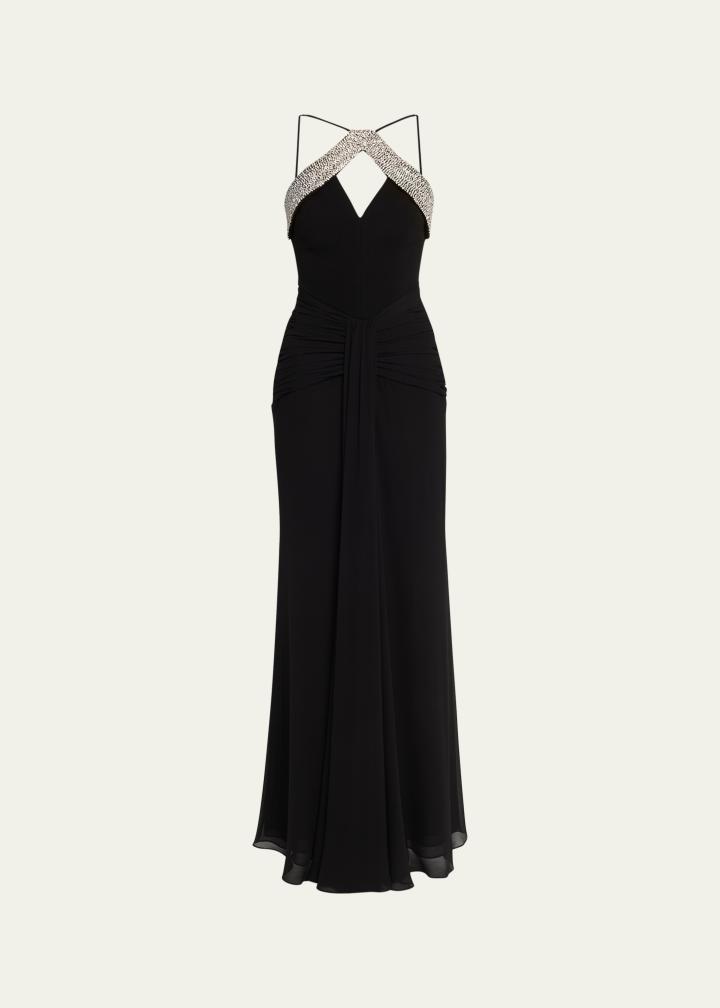 Astros Draped Crystal-Trim Halter Gown