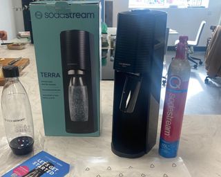 Sodastream Terra sparkling water maker with gas canister and reusable plastic bottle